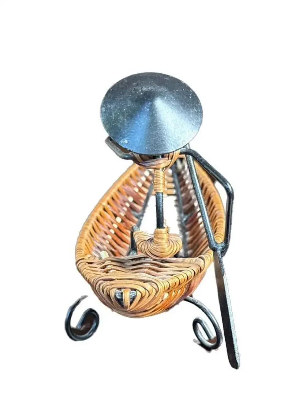 Vintage Asian Style Woven Wicker and Metal Gondola Boat Sculpture Fruit Basket